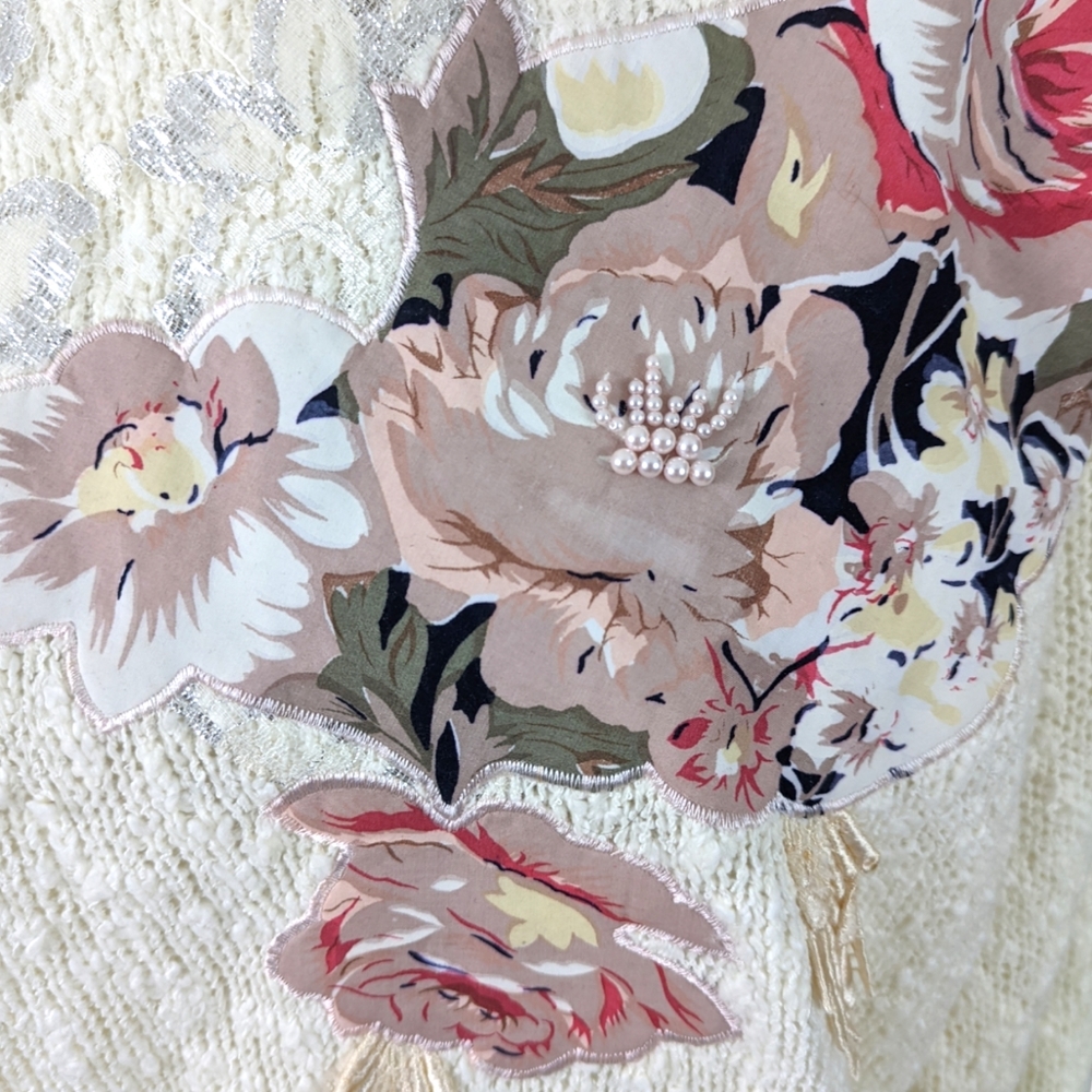 Vintage 80s Boucle Applique Rose Sweater Embellished Fairy Kei Kawaii Sz Large - Picture 2 of 12